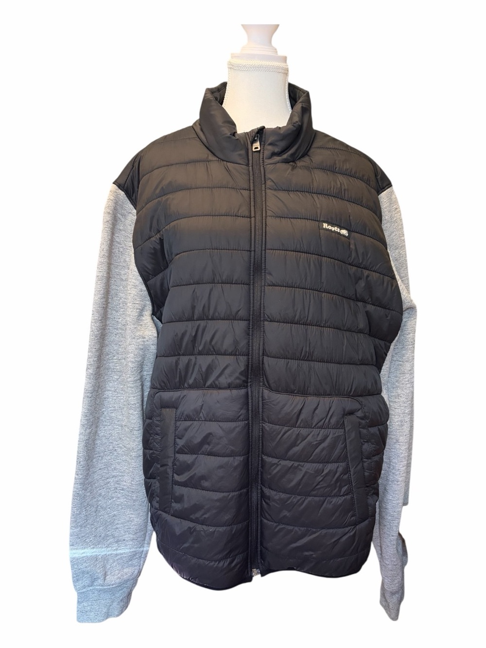 Roots Black Quilted Jacket with Gray Sleeve Panels